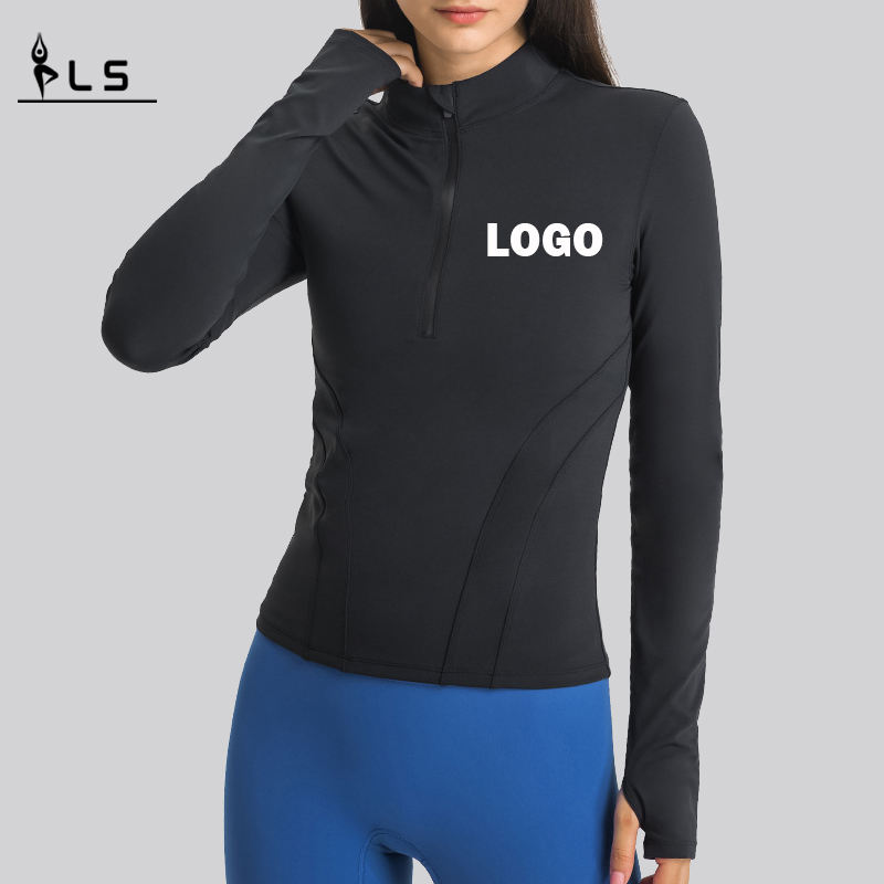 SC10268 Yoga Langarm Frauen Frauen T-Shirt Fitnesshemd Kompression Fitnessstudio Workout Sportstand Halsband Halbzip Sport T-Shirt für Frauen