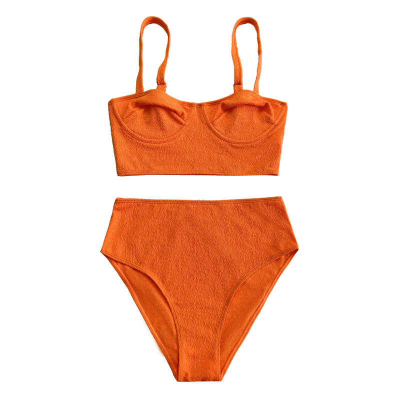 Orange gekräuselte Stoff mit breiter Saum Büste Split Badeanzug