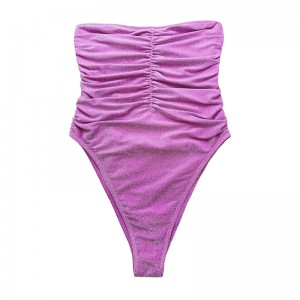 Lila silbertralterlos trägerloser trägerloser plissierter einteiliger Badeanzug